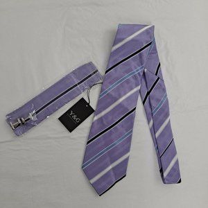 Necktie Men's Tie Y&G Purple Blue pocket square cuff link Diagonal Stripe 3.5 In